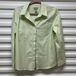 CHICO'S Button Front White, Green & Silver Metallic Stripes Shirt Blouse